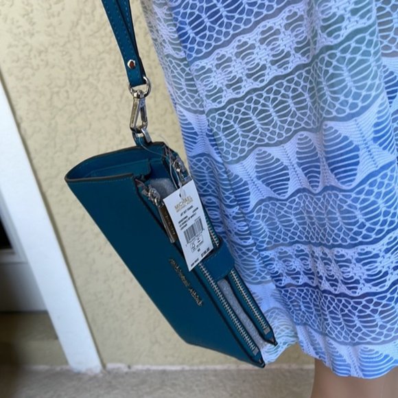 Michael Kors Large Double Zip Leather Wallet Wristlet Phone Case Lagoon - Picture 14 of 16